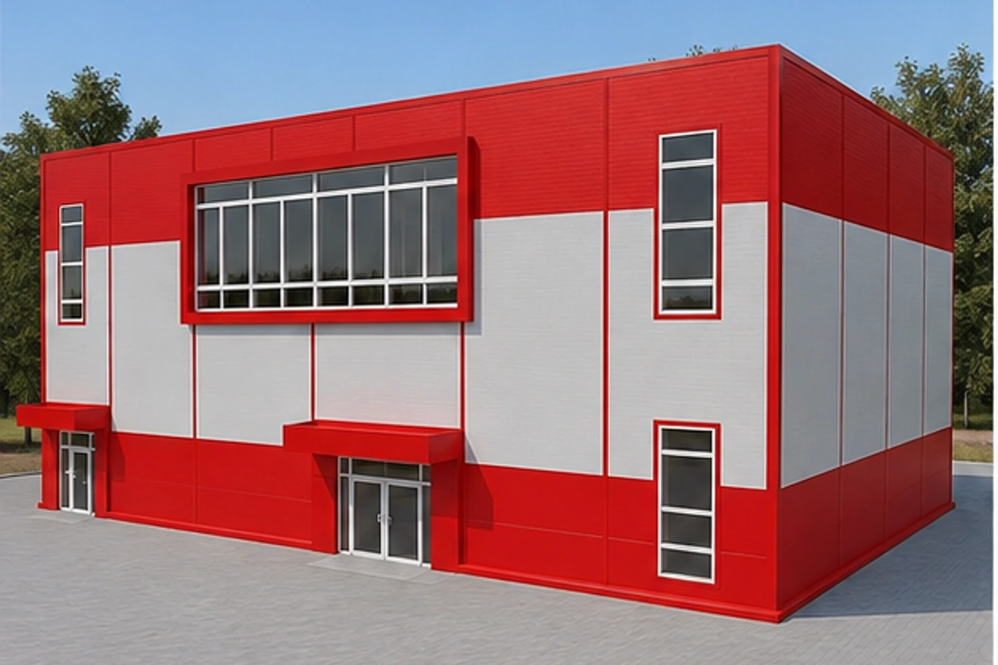 Двухэтажное торговое здание 609 м² — 3D-визуализация, ракурс 1