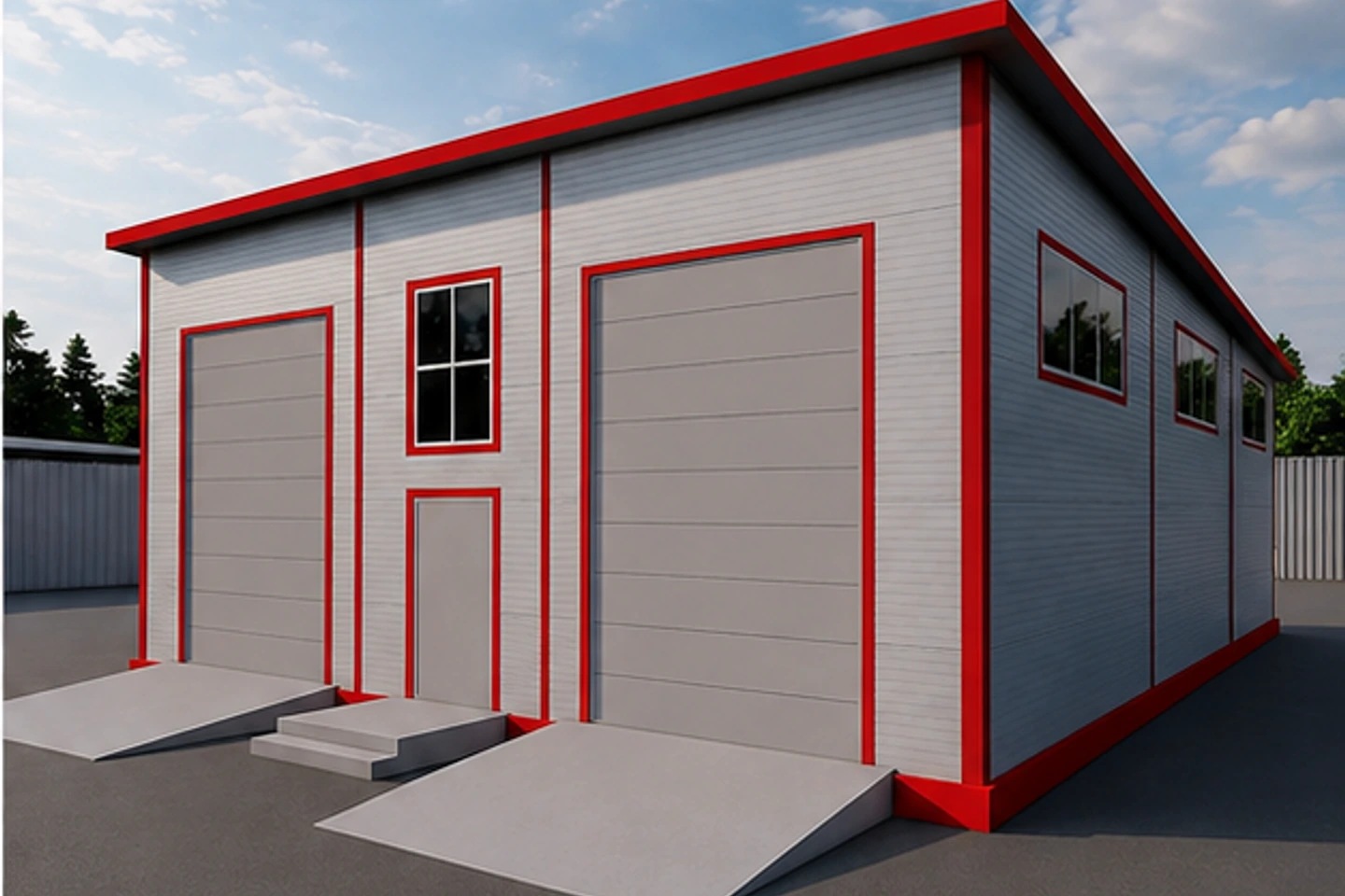 Гараж с двумя боксами 216 м² — 3D-визуализация, ракурс 2