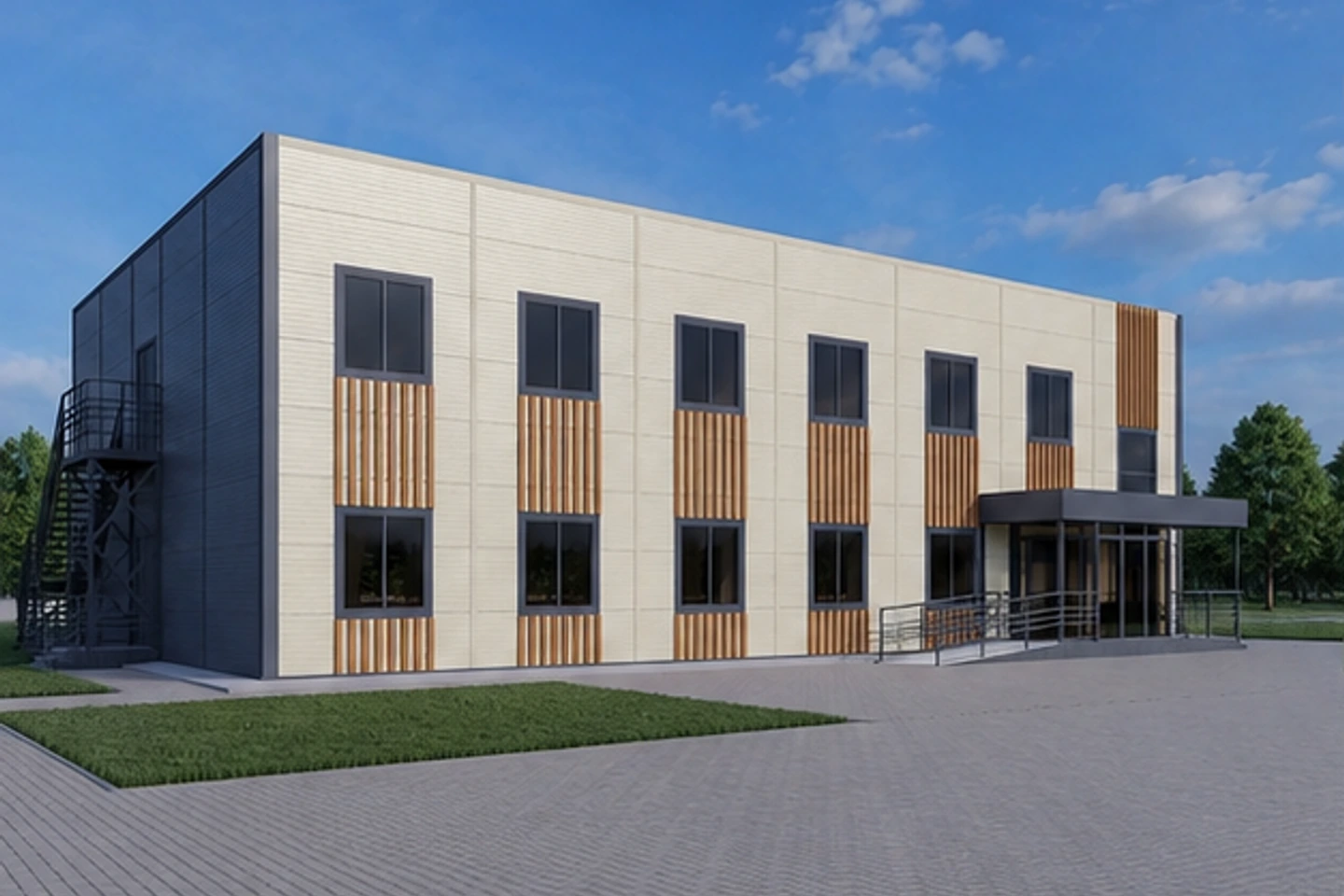 Гостиница из сэндвич панелей 650 м² — 3D-визуализация, ракурс 1