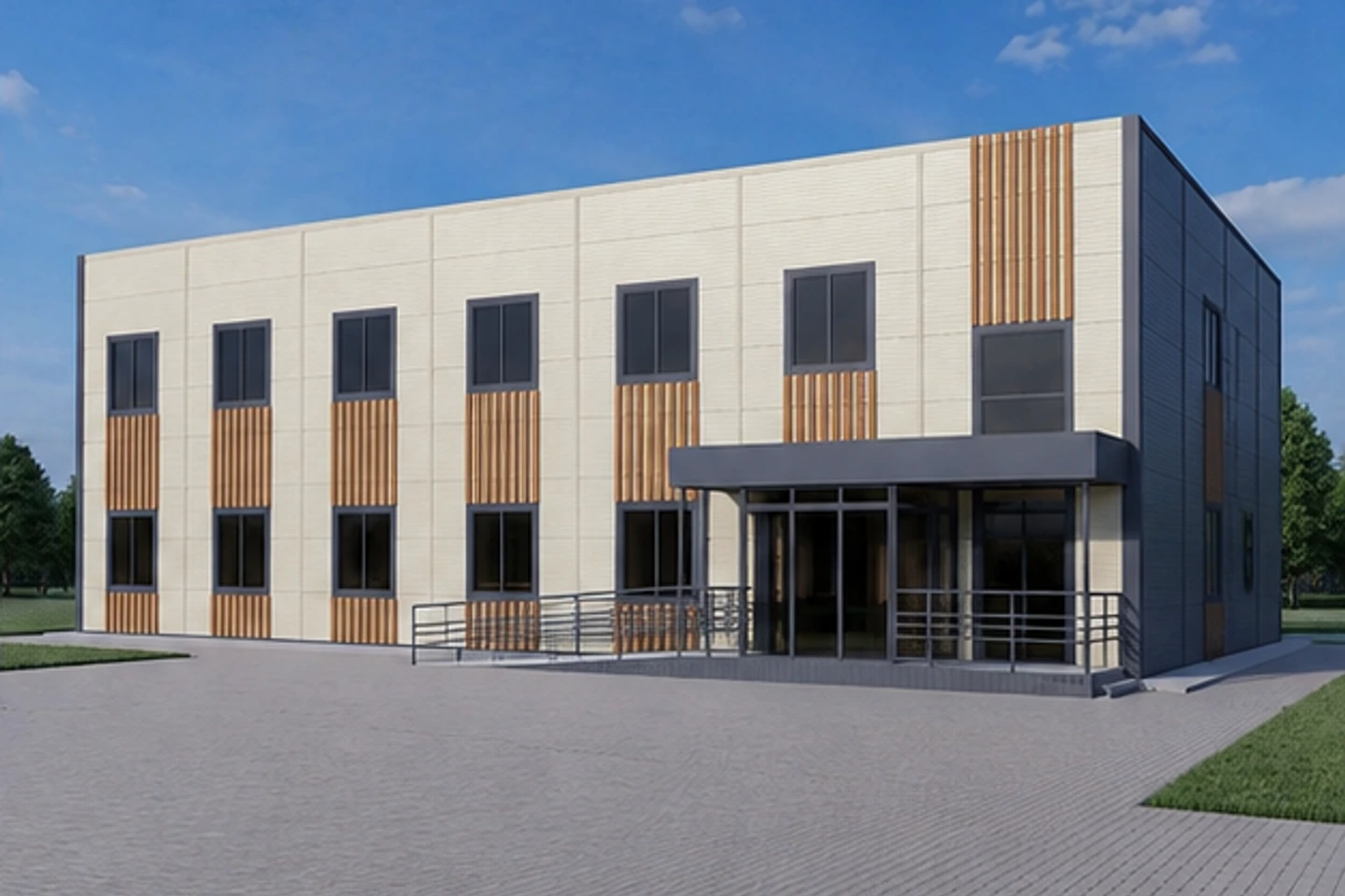 Гостиница из сэндвич панелей 650 м² — 3D-визуализация, ракурс 2
