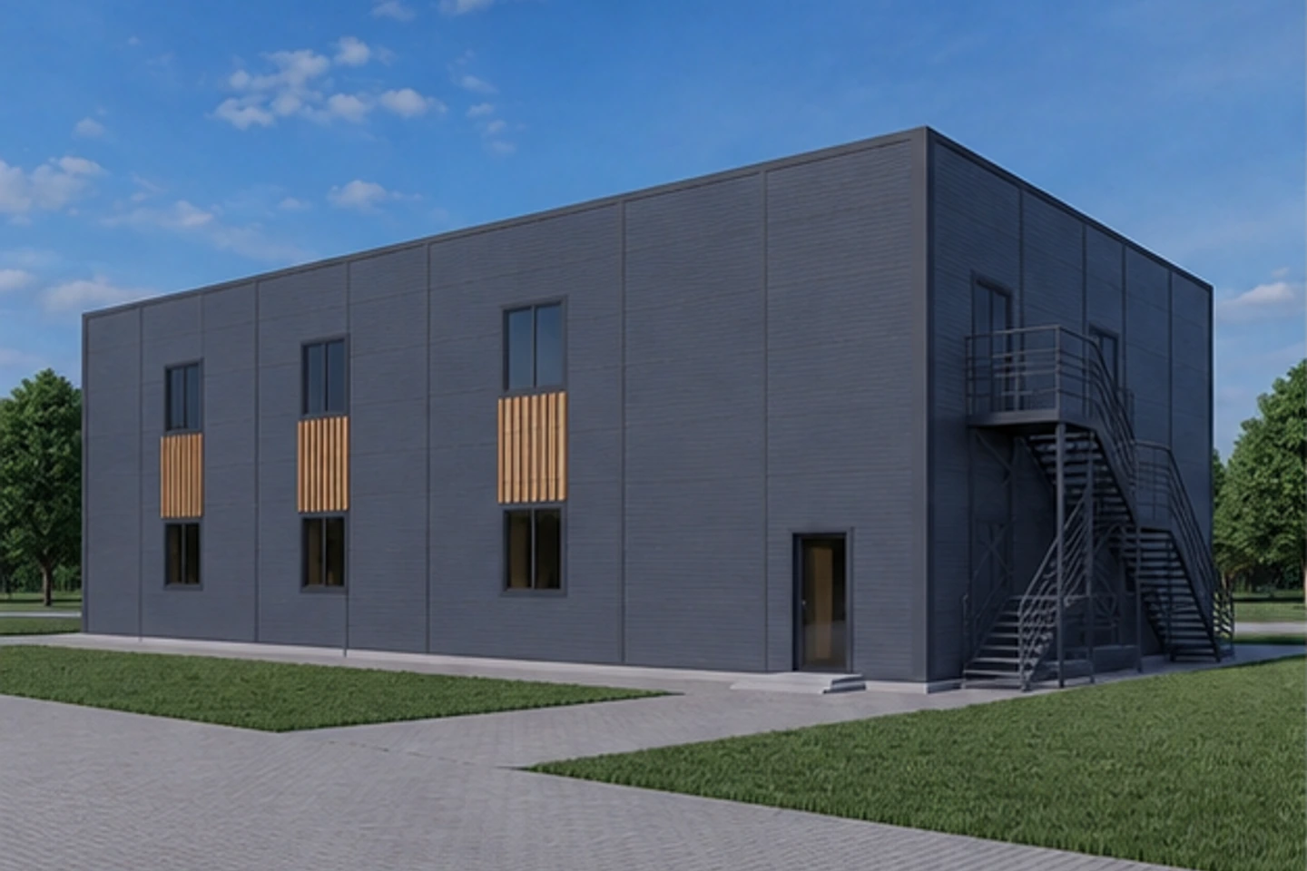 Гостиница из сэндвич панелей 650 м² — 3D-визуализация, ракурс 3