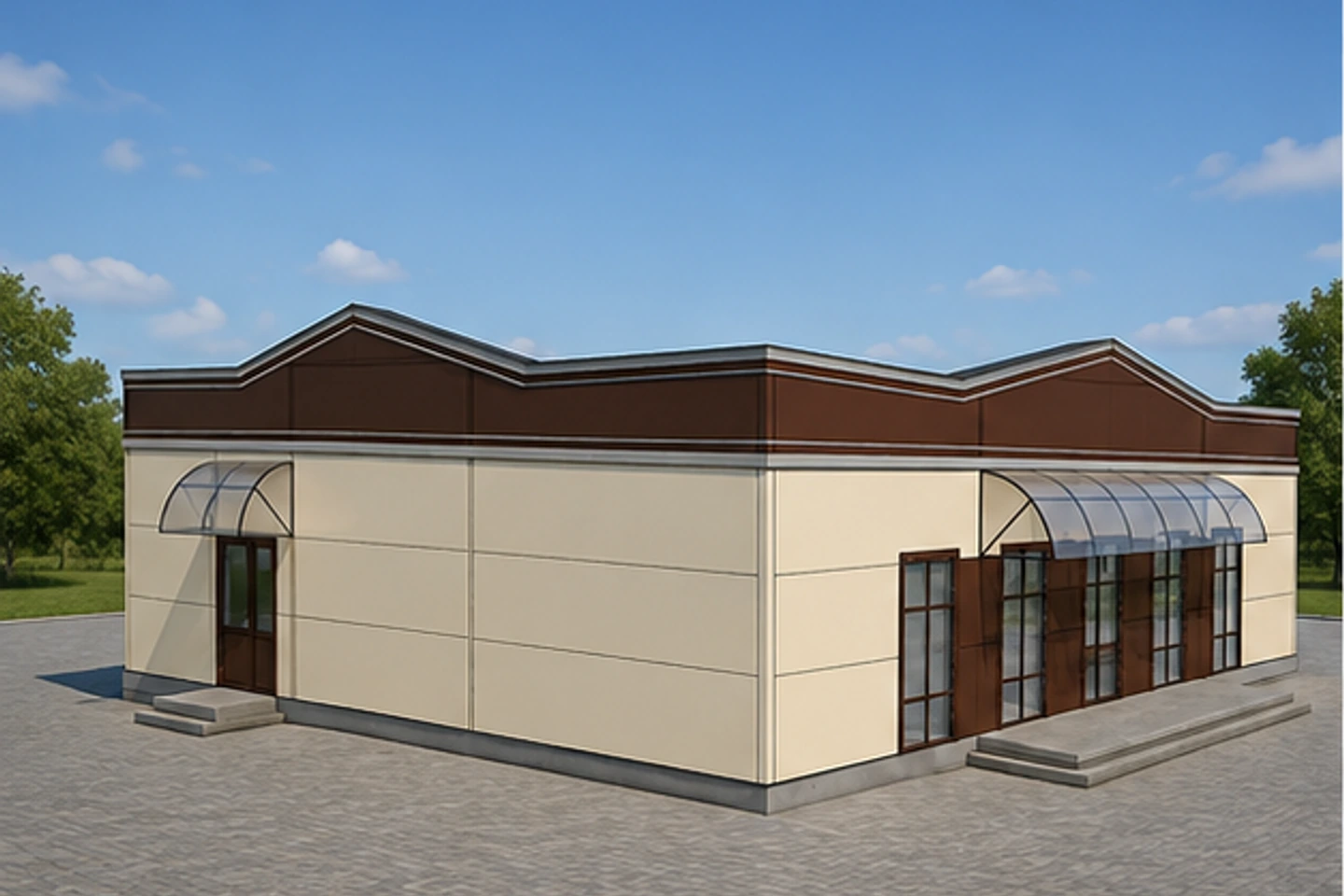 Кафе 320 м² — 3D-визуализация, ракурс 1