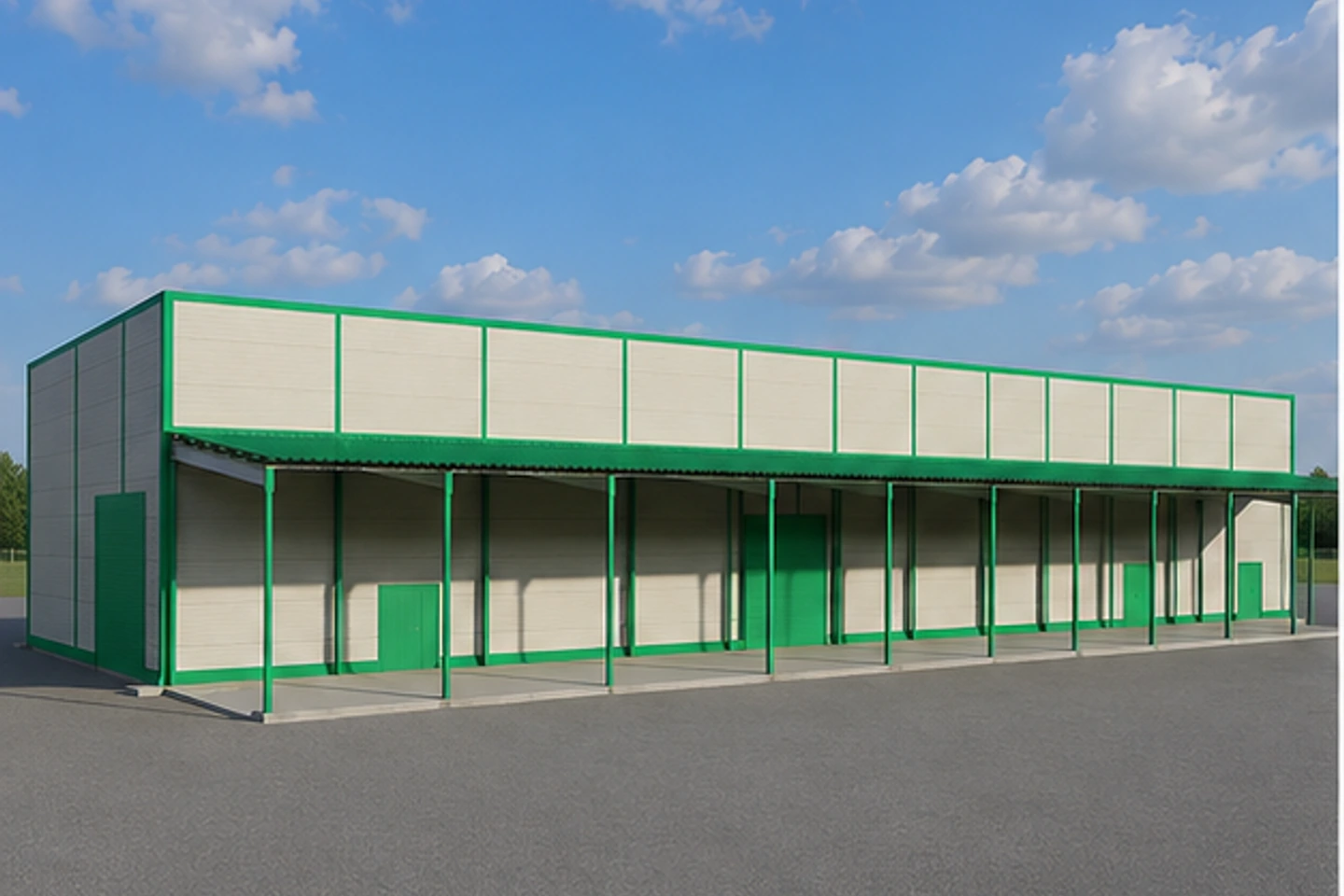 Каркасный склад 1 334 м² — 3D-визуализация, ракурс 1