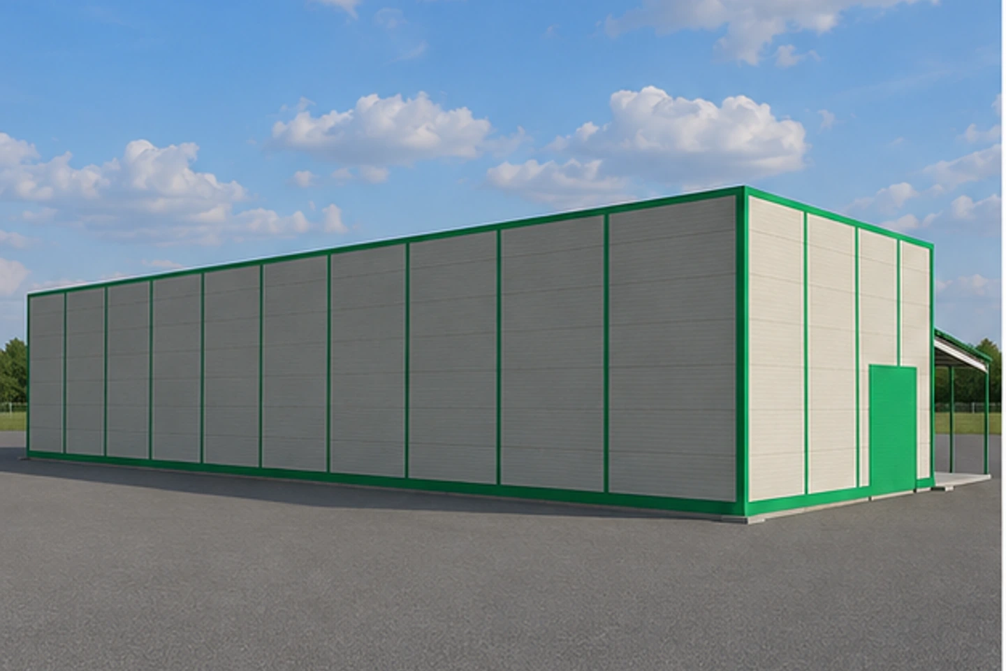 Каркасный склад 1 334 м² — 3D-визуализация, ракурс 3