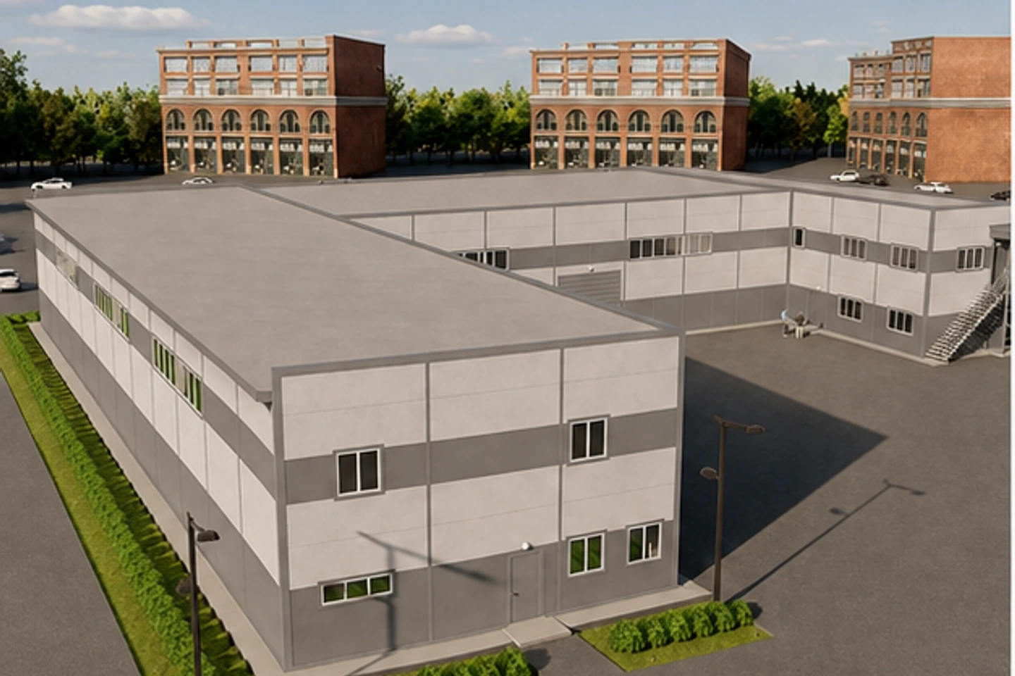 Производственное здание с АБК 1 400 м² — 3D-визуализация, ракурс 1