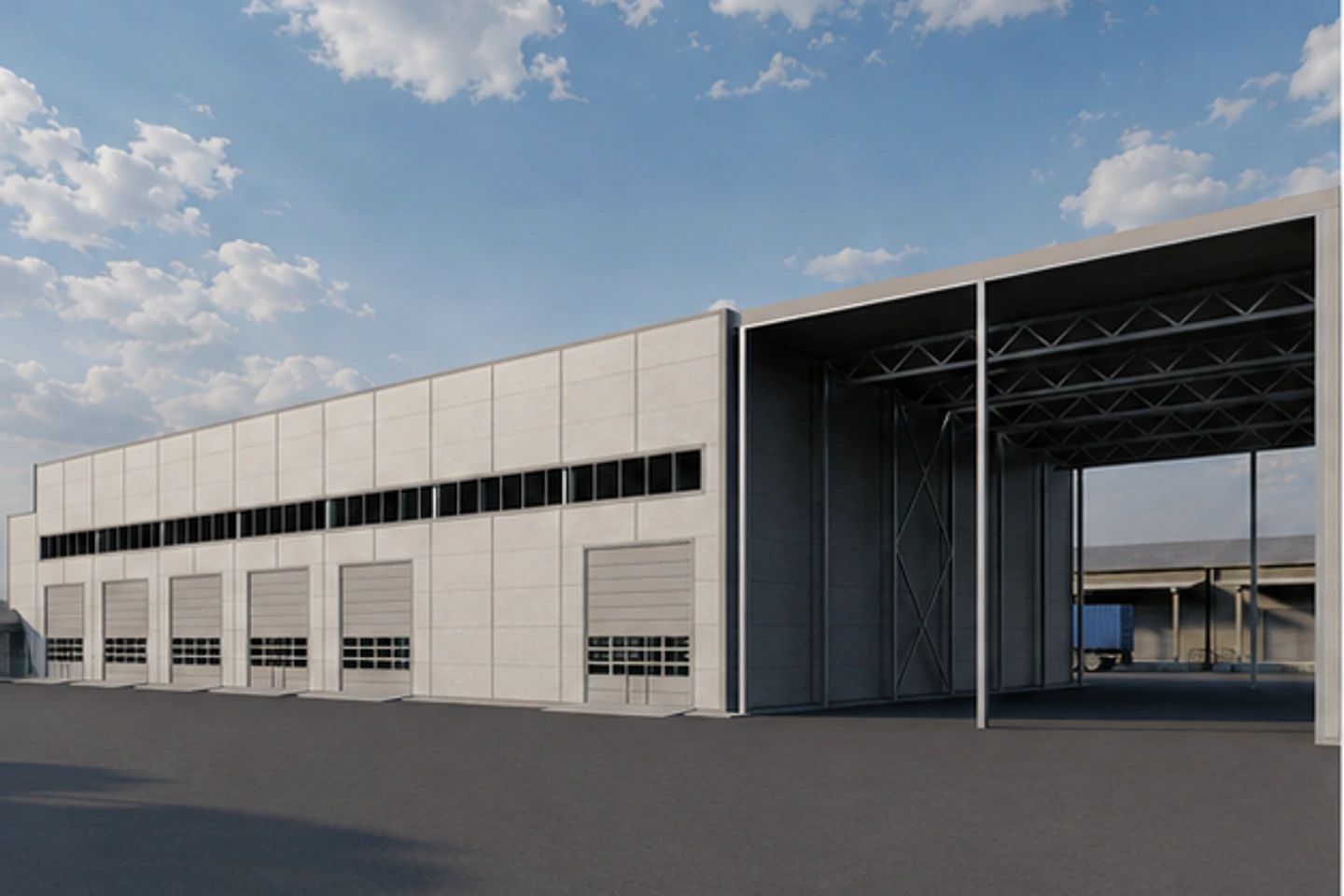 СТО с АБК с навесом 1 296 м² — 3D-визуализация, ракурс 1