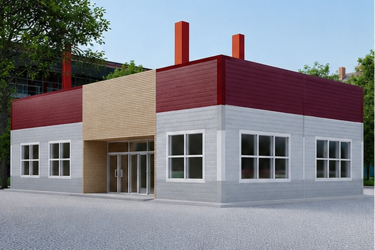 Столовая 420 м² — 3D-визуализация, ракурс 1