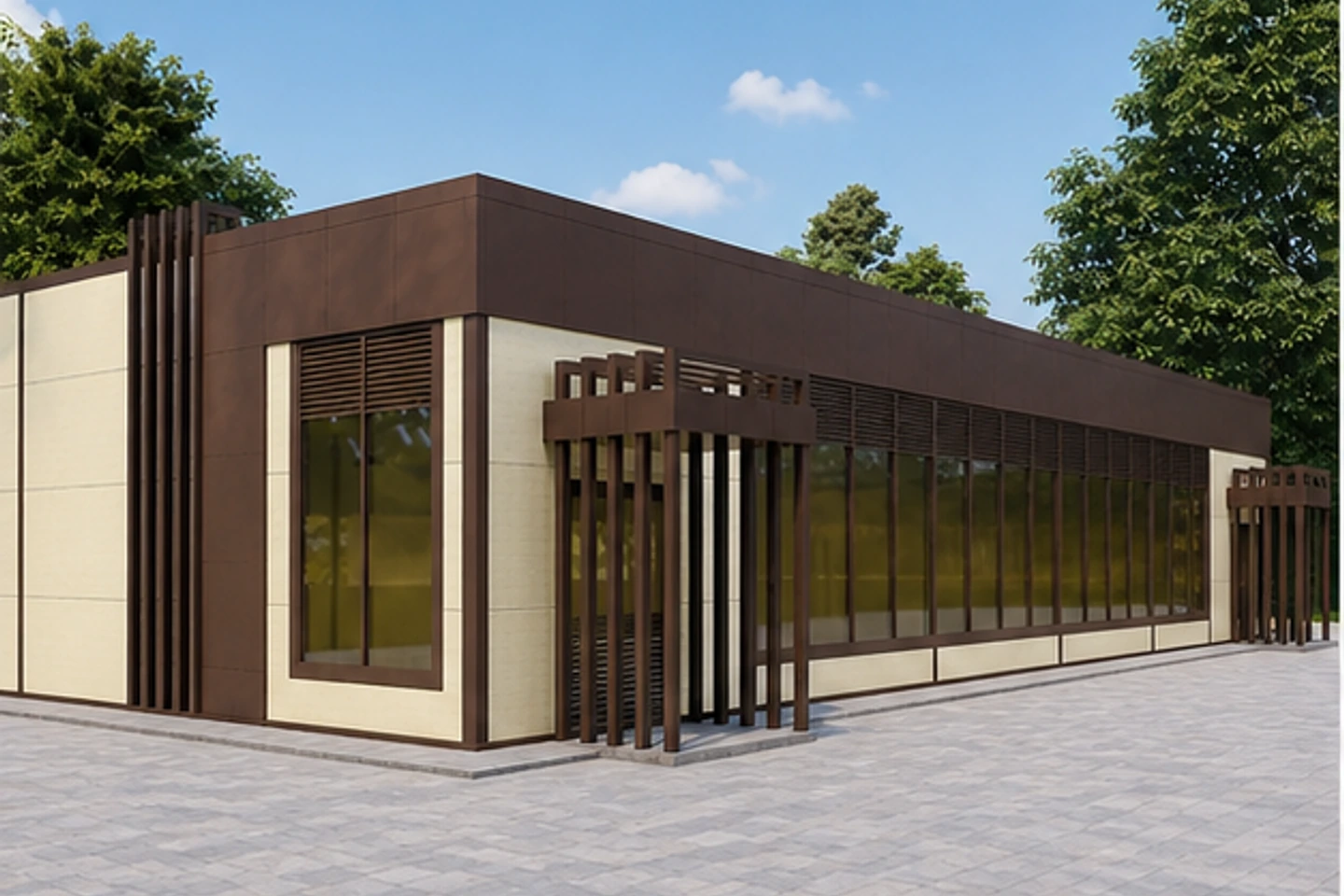 Торговое здание 300 м² — 3D-визуализация, ракурс 1