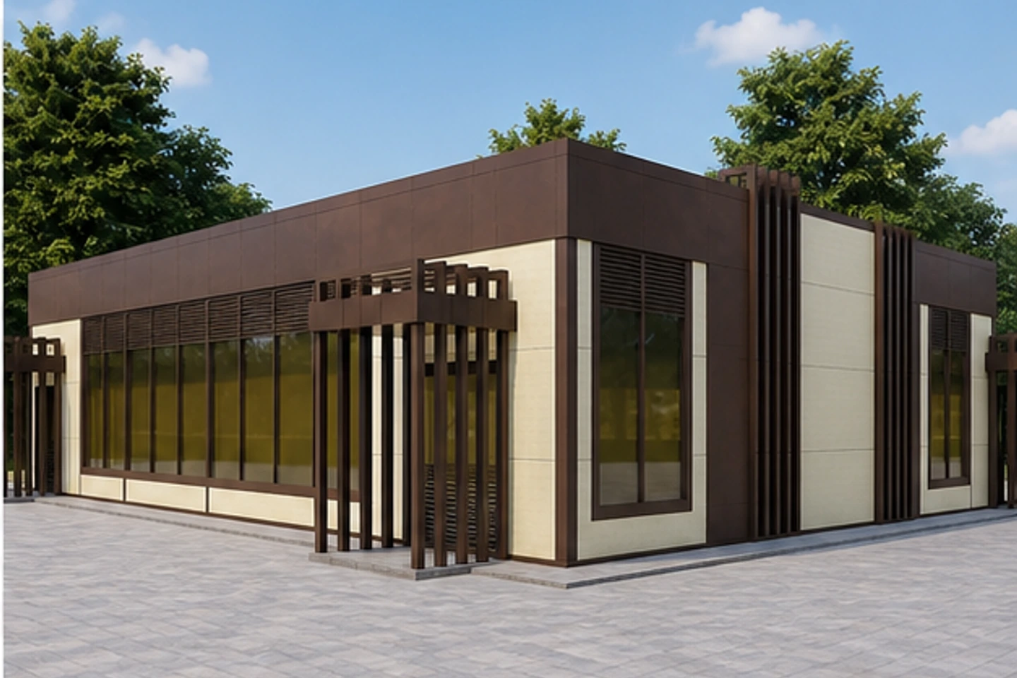 Торговое здание 300 м² — 3D-визуализация, ракурс 2