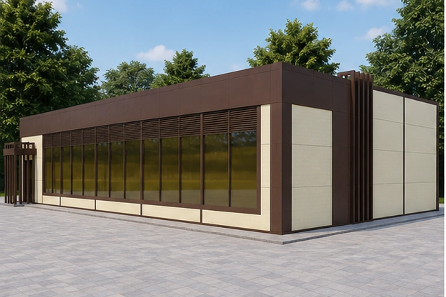Торговое здание 300 м² — 3D-визуализация, ракурс 3